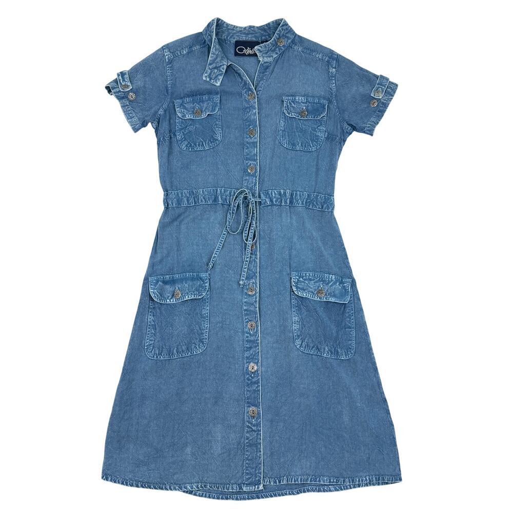 Coline Denim Look Viscose Shirt Dress Tie Waist Button Front Size S Western Boho